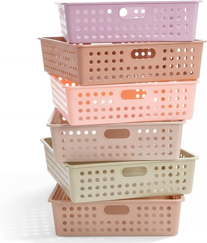 Geetery 6 Pack Classroom Storage Baskets with Handle 14''x10'' Paper Tray Holds A4 Turn in Trays Plastic Paper Baskets Desk Organizer Bin for Classroom, Library, Office, Home (Terrazzo Color)