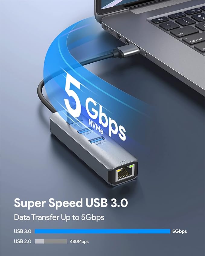 USB 3.0 to Ethernet Adapter,ABLEWE 3-Port USB 3.0 Hub with RJ45 10/100/1000 Gigabit Ethernet Adapter Support Windows 10,8.1,Mac OS, Surface Pro,Linux,Chromebook and More