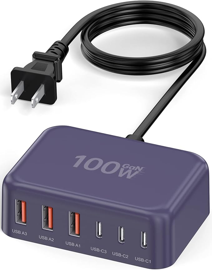 6 in 1 USB Charger, Charging Station for Multiple Devices, 100W Fast Charging Blocks with Type C Ports, USB Charging Hub Organizer Multiport Power Strip for iPhone, Ipad, Kindle, Travel Accessories