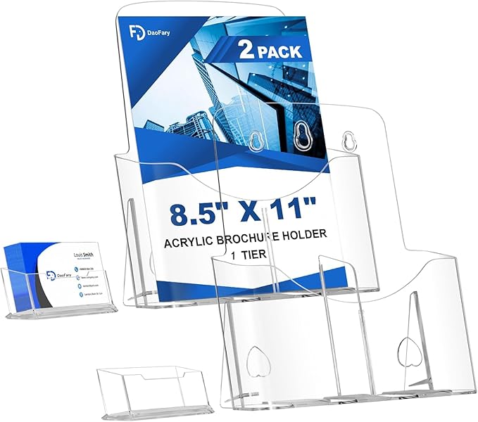 Daofary 2 Pack Acrylic Brochure Holder 8.5 x 11 in with Business Card Holder, 1-Tier Brochure Display Stand with Removable Divider for 4 x 9 Inches Trifold Pamphlets, Clear Flyer Holde