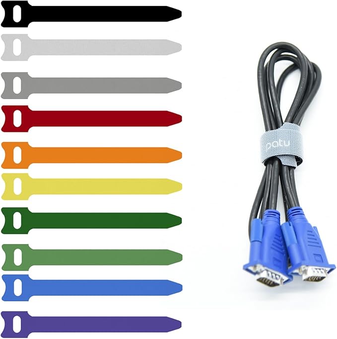 Patu Reusable Fastening Cable Ties - 30 Pcs 8 Inch Microfiber Cloth Hook and Loop Cord Management Wire Organizer Straps, Assorted Colors