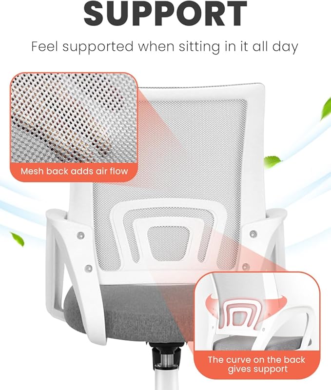 NEO CHAIR Office Desk Computer Chair Ergonomic Mesh Gaming Cushion Seat with Comfy Lumbar Mid Back Support Adjustable Height Swivel Rolling Wheels for Home Task (Grey)