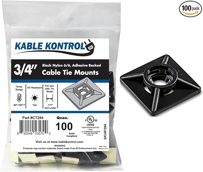 Kable Kontrol Zip Tie Mounts, 3/4” Sq, Black, 100 Pcs, Adhesive Backed Multi-Purpose UV-Resistant Mounting Squares Nylon Cable Tie Wrap Anchor Pads for Cable Management