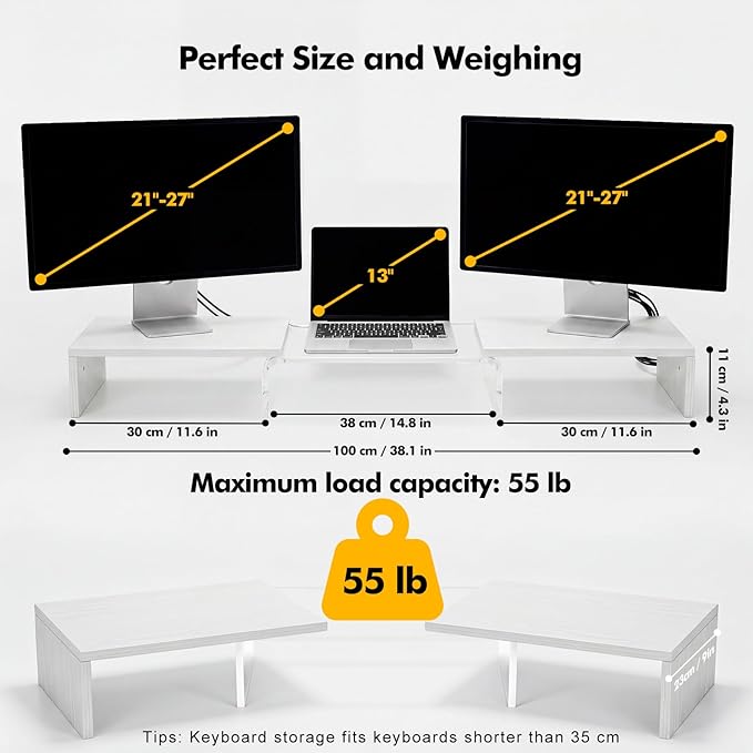 Dual Monitor Riser, Acrylic Monitor Riser with Keyboard Storage, Adjustable Angle & Length Computer Monitor Stand, Wide Desk Shelf for Top of Desk for Home Office_White Maple Look