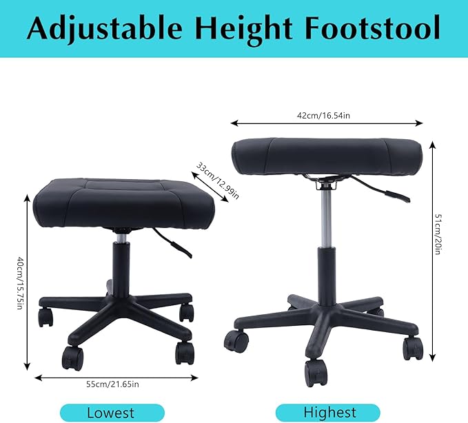 Footrest Stool Under Desk with Wheels, Adjustable Height Ergonomic Square Rolling Stool, Mobile Footrest with 360°Wheels for Home Office