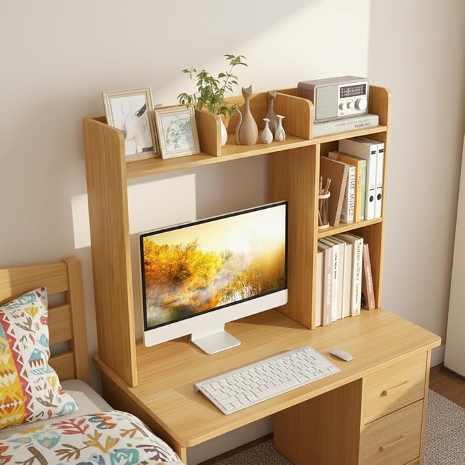 Tangkula Desktop Bookshelf, Countertop Storage Hutch with Shelves for Computer Desk, Desk 3-Tier Display Rack, Multipurpose Wood Desktop Hutch Storage Organizer for Dorm Office