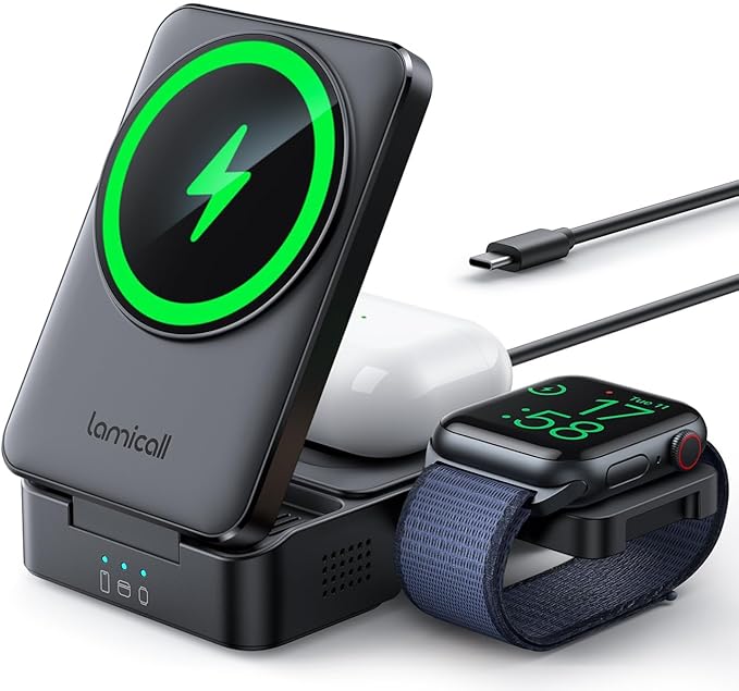 Lamicall 3 in 1 Charging Station for Apple Devices, Foldable Wireless for MagSafe Charger Stand for iPhone 17/16/15/14/13/12, Apple Watch & AirPods, Compact Travel Charging Station with Cooling