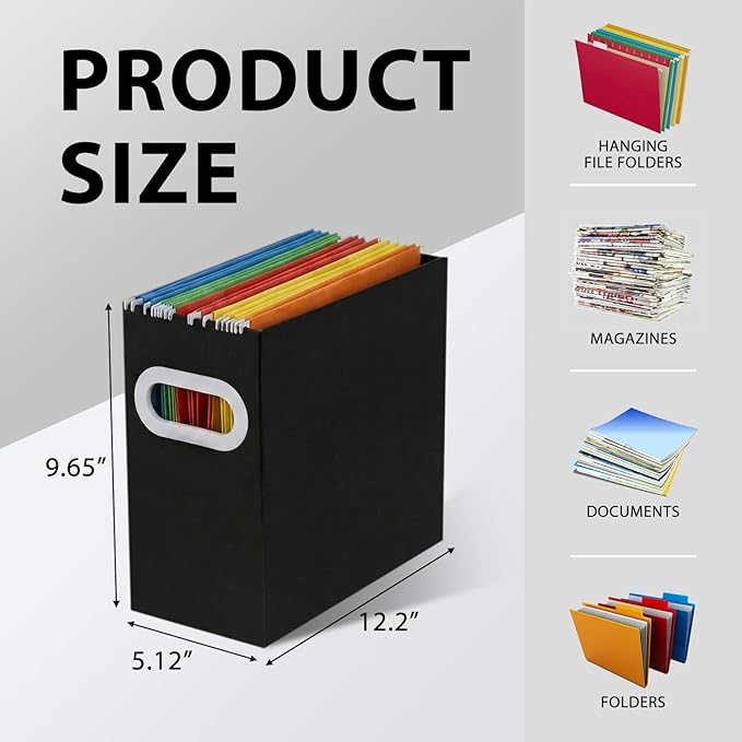 Hanging File Organizer Box, 6 Pack Black Cardboard File Folder Holder for Letter Size, Portable Desk Document Storage with Handles, for Office,Home,School
