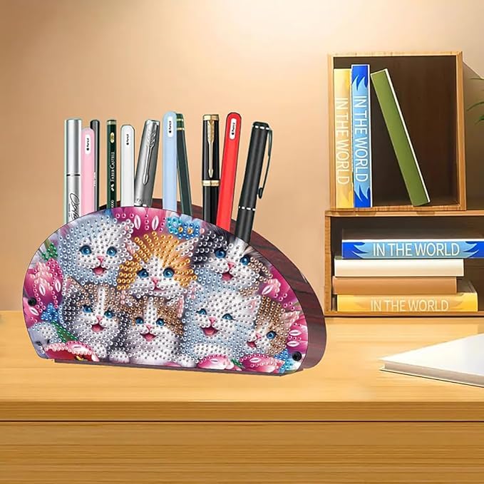 POETRYDRAW DIY Cats Diamond Art Painting Wooden Storage Box – Multi-Grid Moon Fan Makeup Brush Organizer, Double-Sided Drill Tabletop Holder for Women, Office & Home Decoration