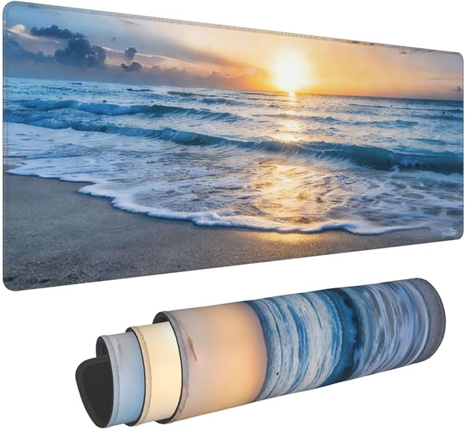 XL Beach Sunset Large Gaming Mouse Pad, Long Extended Full Mouse Mat Desk Pad for Top Keyboard Table, Aesthetic Cute Big Stitched Mousepad Gifts for Women Office Decor, 31.5 * 11.8 in