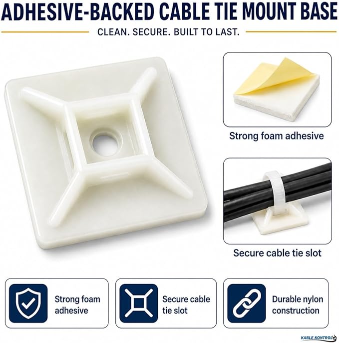 Kable Kontrol Zip Tie Mounts, 1” Sq, Natural White, 100 Pcs, Adhesive Backed Multi-Purpose Mounting Squares Nylon Cable Tie Wrap Anchor Pads for Cable Management