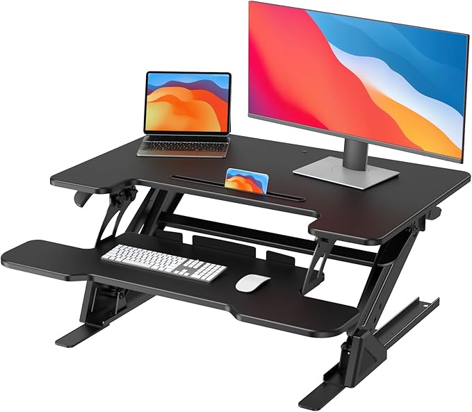 HUANUO 32" Z Shaped Stable Standing Desk Converter, Height Adjustable Sit Stand Up Desk Riser, Dual Monitor and Laptop Workstation with Wide Keyboard Tray, Desk Lifter for Home Office,Black