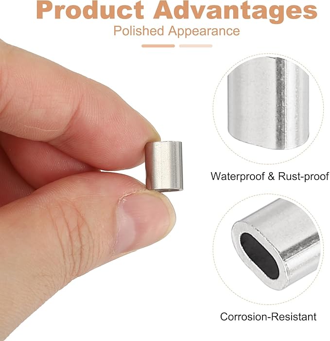 uxcell 1/8"(2.5mm) Wire Rope Stop Sleeve, 304 Stainless Steel Cable Wire Rope Crimping Loops Sleeve Ferrules for Cable Ferrule, Silver 20Pcs