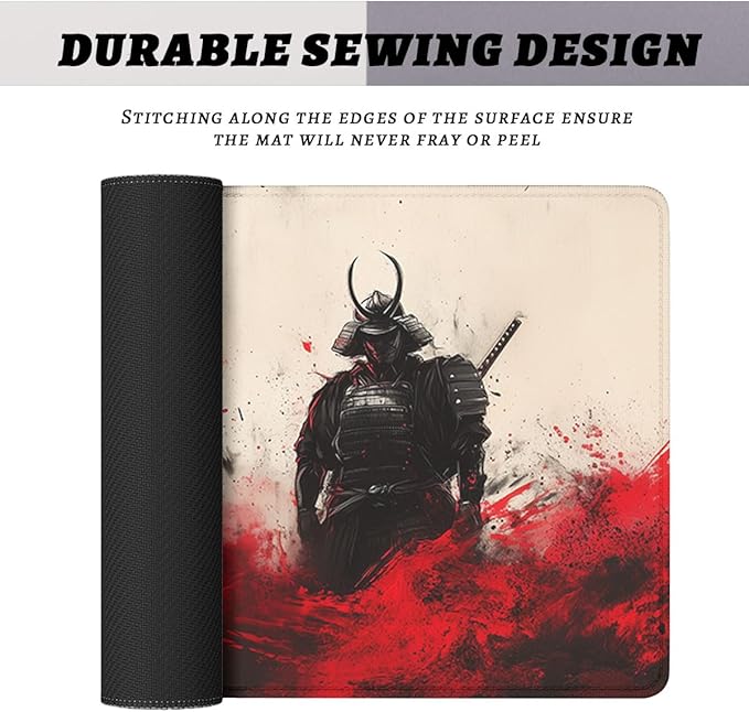 Samurai Gaming Mouse Pad Japanese Warrior Black Graffiti Red Sun Extended Mousepad Waterproof Stitched Edges Rubber Base Non-Slip Deskpad Computer Keyboard Mat 31.5x11.8 in