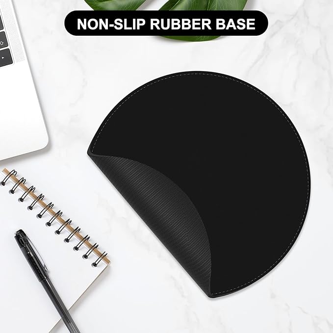 Leather Mouse Pad, Office Mouse Mat Non-Slip Rubber Base Stitched Edge Washable Waterproof Round Mousepad for Office Gaming PC Laptop, Round Diameter 8.7 inches, Black