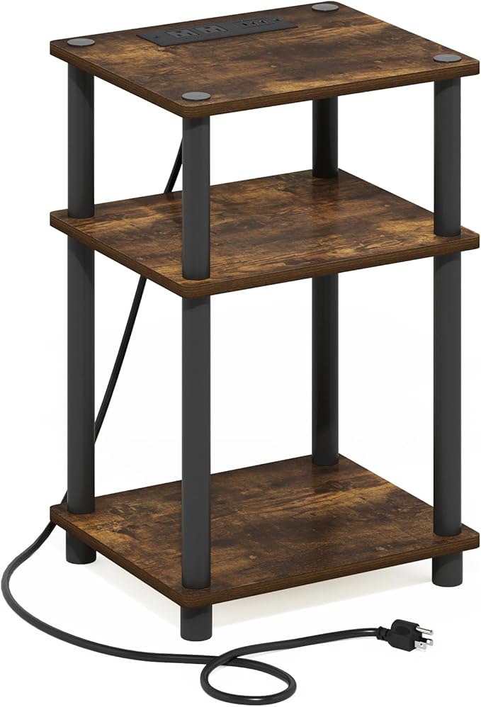 Furinno Just 3-Tier Turn-N-Tube USB and Type-C Charging Port End Table with Open Storage, 11.42 (W) x 8.82 (H) x 6.77 (D) inches, Amber Pine/Black