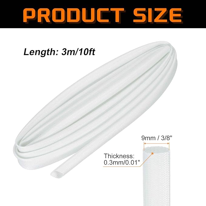 MECCANIXITY 10ft Braided Cable Sleeve, 3/8" ID 200C Heat Resistant 1500V Fiberglass Wire Insulation Cord Protector Organizer Wires Management for Motor Engine Fuel Line, White