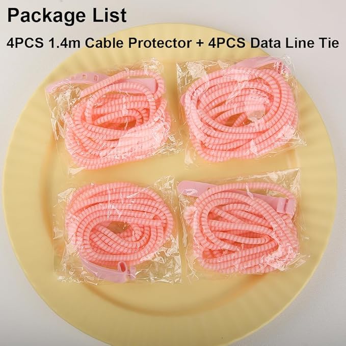 4pcs 1.6M(5.25FT) Spiral Cable Protector, Multicolor Suitable for Most Phone/Pad/Laptop USB Wire Cord Savers Protection Cover Anti-Break Wrap Charger Data Line Cables Sleeves, Ordinary Pink