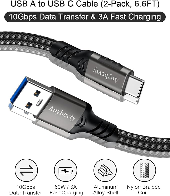 USB A to USB C Cable [2 Pack 6.6ft], USB 3.1/3.2 Data Transfer and 60W 3A Fast Charging Cable, for Android Auto Samsung Galaxy S23 S22 S21 S20 Ultra and Other Type C Phone Laptop PC Devices