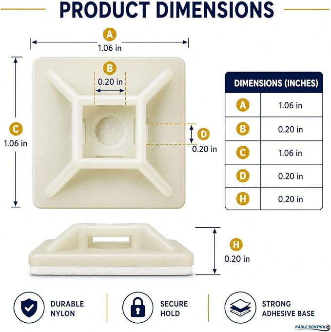Kable Kontrol Zip Tie Mounts, 1” Sq, Natural White, 100 Pcs, Adhesive Backed Multi-Purpose Mounting Squares Nylon Cable Tie Wrap Anchor Pads for Cable Management