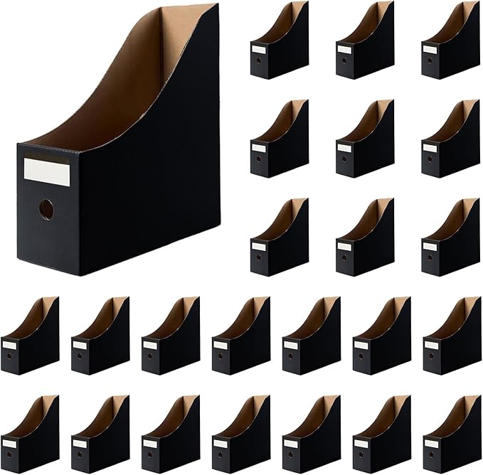 24 Pcs Black Cardboard Magazine File Holder, Foldable Magazine Holder Magazine Storage Box with Labels 10.6×10.2×3.5'' Cardboard Magazine Box for Home Office Desktop Storage