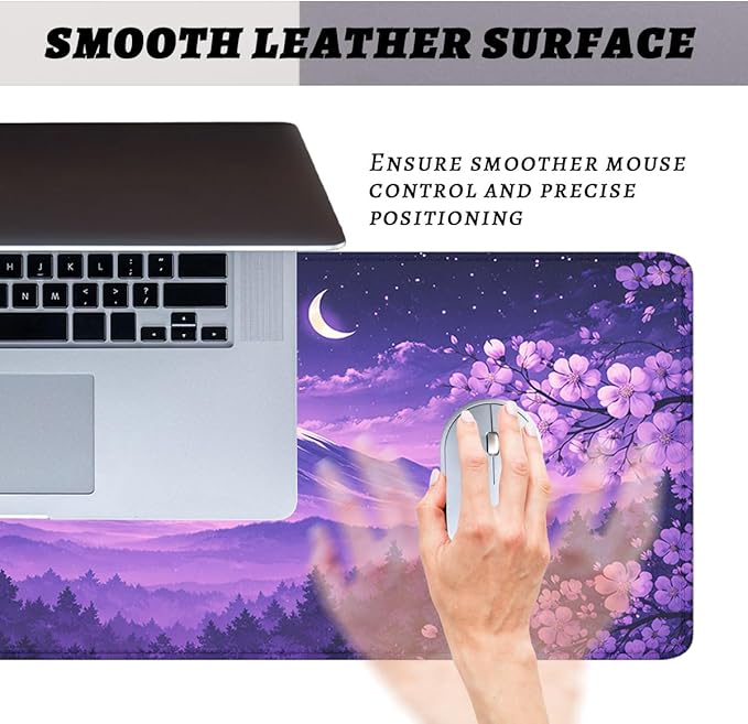 Cherry Blossoms Mouse Pad Mount Fuji Purple Sky Extended Mousepad Waterproof Stitched Edges Rubber Base Non-Slip Deskmap Computer Keyboard Mat 31.5x11.8 Inch