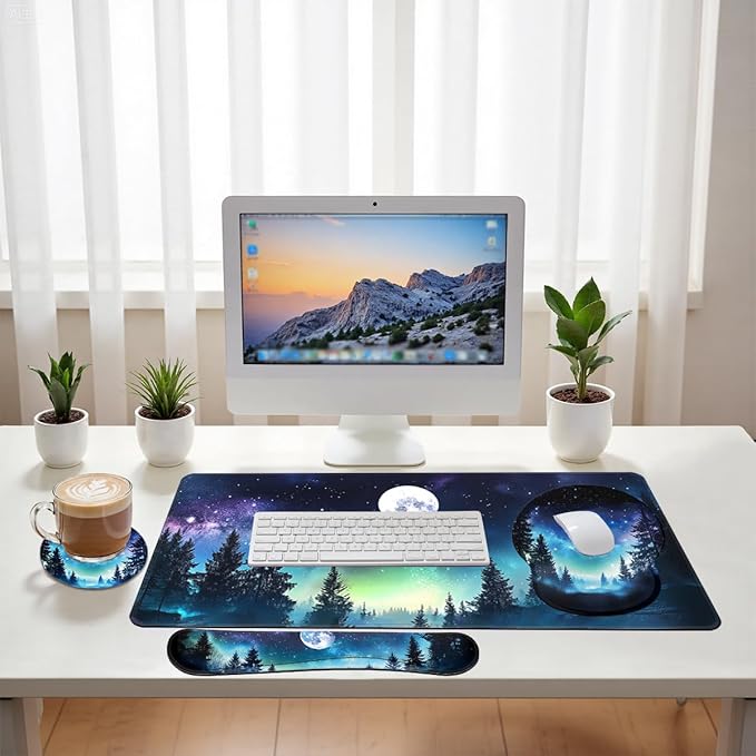 Moon Night Desk Mat Set Forest Aurora Sky Large Mouse Pad with Wrist Rest 4in1 Desk Mat for Desktop Ergonomic Computer Desk Arm Wrist Anti-Slip Computer Mouse Pad Home Office Gaming