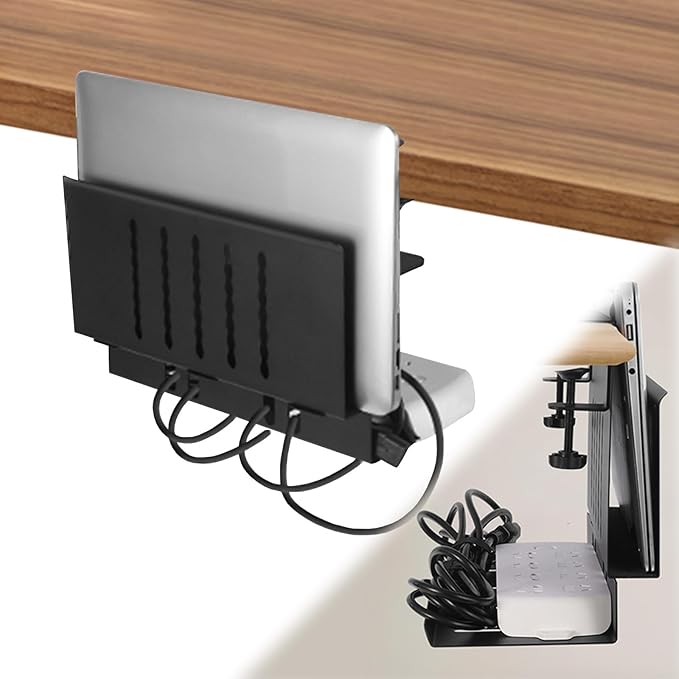 LUKETURE Desk Side Storage, Laptop Holder with Cable Management Tray, 2 in 1 Steel Under Desk Laptop Mount, Table Organization, Space Saving Table Accessories for Office and Home (Black)
