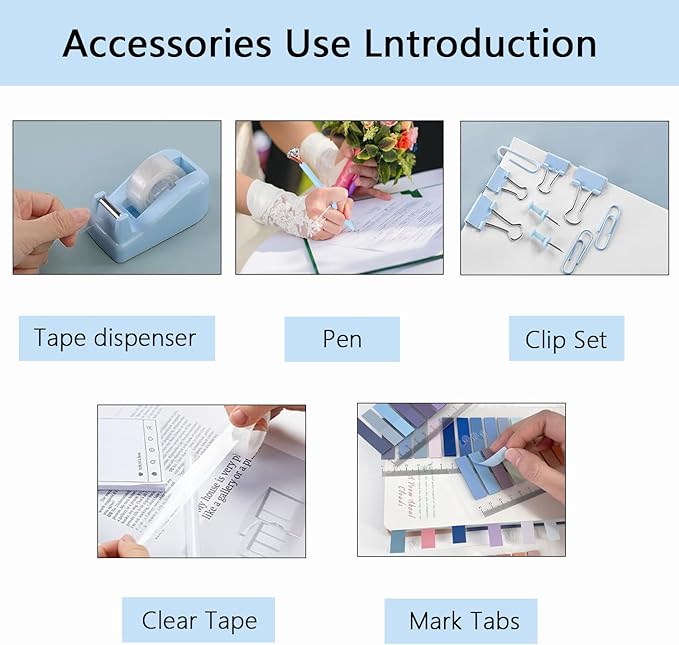 Office Supplies,Bblue Desk Accessories,Office Supplies Set,Desk Organizer,Stapler,Tape Dispenser,Scissors,Staple Remover,Binder Clips,Staples,Ballpoint Pen,Index Tabs with Ruler,Clear Tape.10pcs