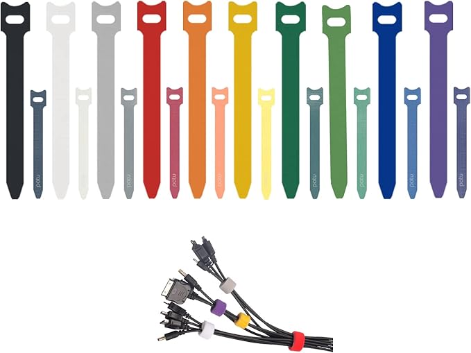 Patu Reusable Fastening Cable Ties - 40 Pcs (20 pcs 4" & 20 pcs 8") Microfiber Cloth Hook and Loop Cord Management Wire Organizer Straps, Assorted Colors