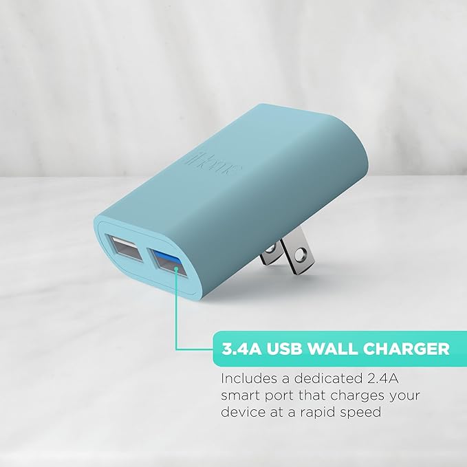 iHome 2-Port USB Wall Charger, AC Pro Multiport Plug Adapter, Phone Charging Block with Dual Ports for Home & Travel
