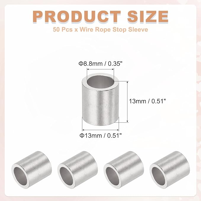 uxcell 5/16"(8mm) Aluminum Crimping Loop Sleeve, Wire Rope Stop Sleeve Round Crimp Ferrules for Wire Rope and Cable Ferrule, Silver 50Pcs