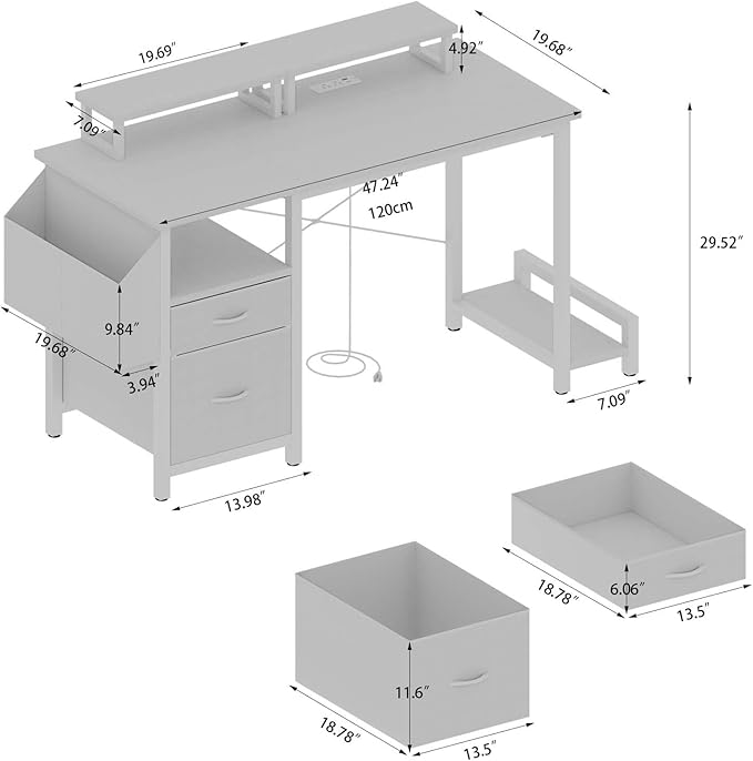 Modern Home Office Desk, Built-in Power Outlets, File Storage, Dual Monitor Stands, Shelves Ergonomic Design, Multi Functional for Work & Gaming (White + MDF+Metal + Modern)