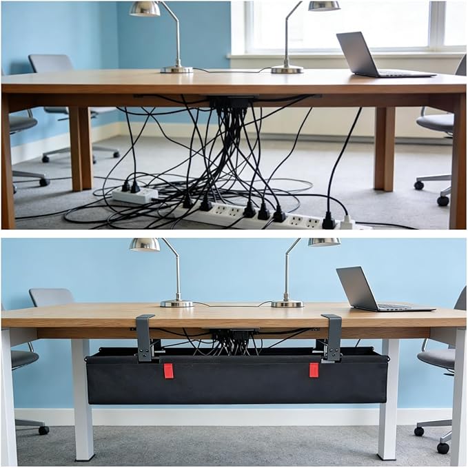 Under Desk Cable Management No Drill – 28" L x 6" W Cord Organizer, Upgraded Silicone Pads (No Scratch), 16 Cable Slots, Washable PE Honeycomb Base, Fits Desks 0–2.1" Thick, Beige