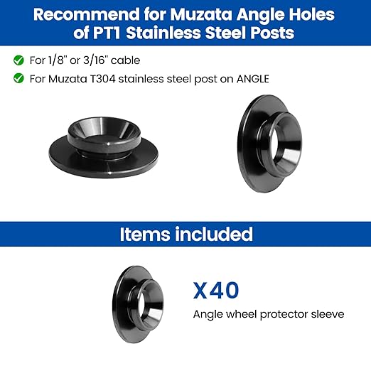 Muzata 40 Pack 1/8" 30 Degree Angle Wheel Black Cable Railing Grommets ONLY for Angle 1/8" 5/32" 3/16" Wire Rope T316 Stainless Steel Protector Sleeves Deck Cable Railing Hardware Kit Metal Posts CR79