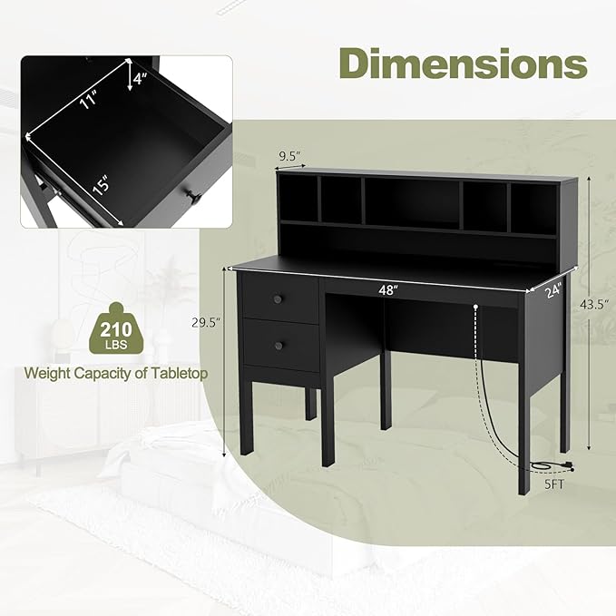 Giantex Black Desk with Drawers & Hutch, Home Office Desk with Charging Station, 5 Storage Cubbies, Makeup Vanity Table, Modern Study Writing Desk, PC Laptop Desks, Computer Workstation for Bedroom