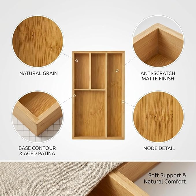 Ifaucet Desk Drawer Organizer Tray, Office Drawer Organizer, Bamboo Desk Organizers and Accessories,Drawer Organizer Office Supplies, Cubicle Accessories, 4 Compartments, Desk Accessories (Small)