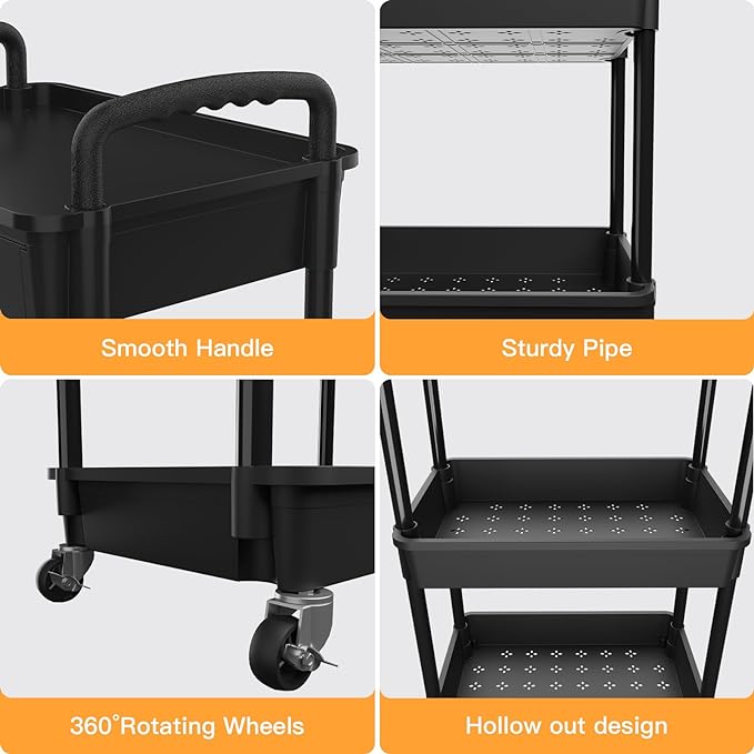 4 Tier Rolling Utility Cart with Drawer,REBECAT Utility Cart Made of Multifunctional Storage Organizer Tool for Kitchen,Bathroom,Living Room,Office(Black)