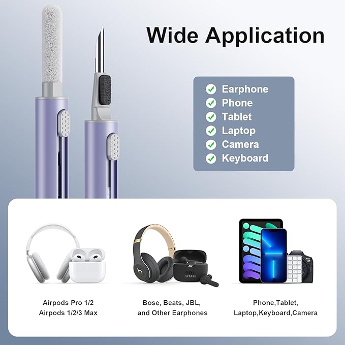 Hyashee Cleaner Kit for Airpods Pro 1 2 3 Multi-Function Cleaning Pen with Soft Brush Flocking Sponge for Bluetooth Earphones Case Cleaning Tools (Lavender Purple)