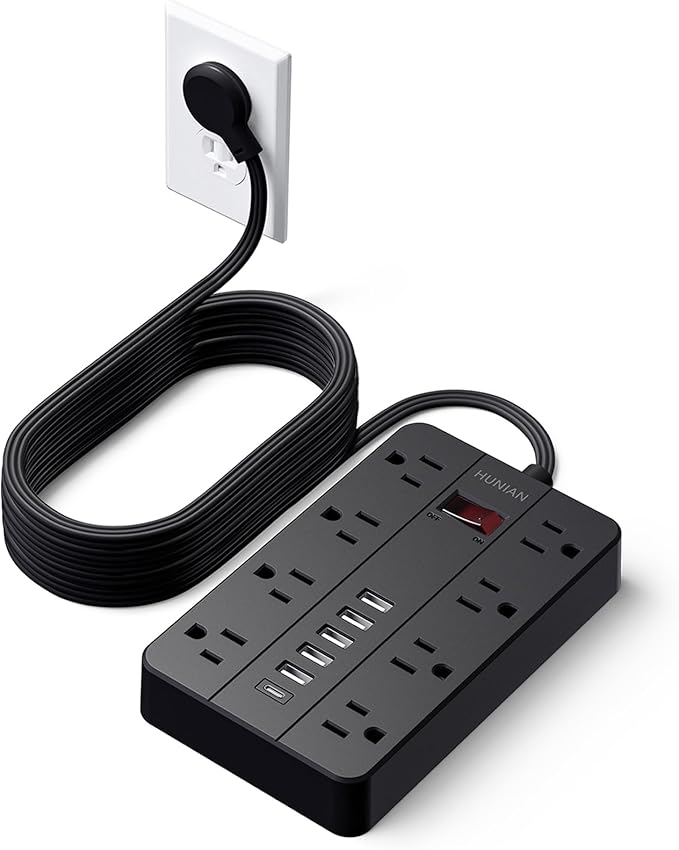 15 Ft Long Extension Cord Power Strip with Multiple Outlets, HUNIAN Flat Plug with 8 Widely Spaced Outlets 6 USB, Wall Mount Charging Station for Home and Office, Black