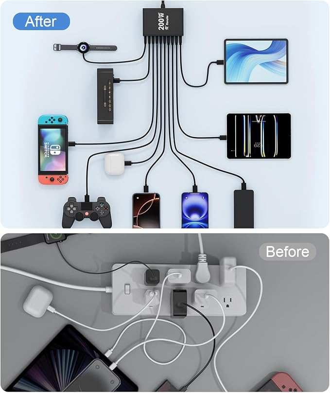 USB C Charging Station 10 Port with 4 Cables,200W GaN Type C Charger Block,Wall Charger Power Strip Adapter Plug for iPad iPhone17 16 15 14 13 12 Pro Max Pixel Note Galaxy