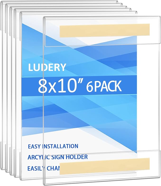 Acrylic Sign Holder 8 x 10 Wall Mount, Wall Mount Sign Holders, Clear Acrylic Frame with 3M Tape Adhesive, Plastic Wall Sign Holder for Office, Home, Restaurant(6 Pack)