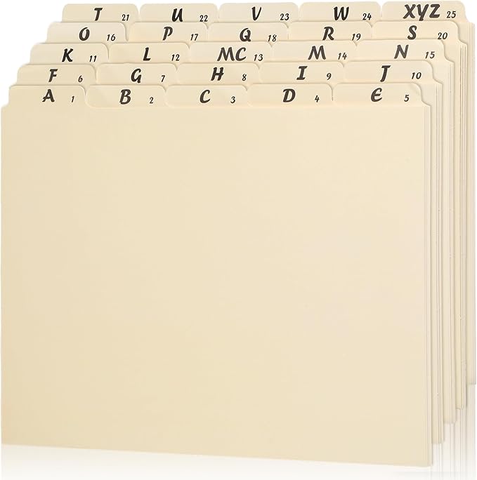 1 Set 25 Alphabet File Dividers A-Z Top Tab File Guides Letter Size 1/5 Cut Tab Manila Alphabetical File Organizer File Cabinet Dividers for Work Office Home School and Desk Organizer (Beige)