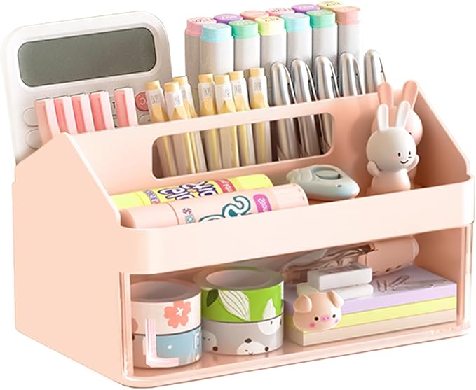 SAYEEC Desk Organizer with Drawer, Multi-Functional Pencil Pen Holder with Handle and 6 Compartments, Cute Makeup Organizer Storage Box, Desktop Accessories Caddy for Office School Home Art Supplies