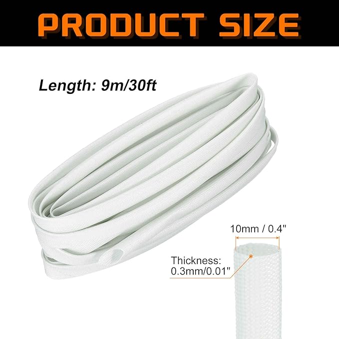 MECCANIXITY 30ft Braided Cable Sleeve, 0.4" ID 200C Heat Resistant 1500V Fiberglass Wire Insulation Cord Protector Organizer Wires Management for Motor Engine Fuel Line, White