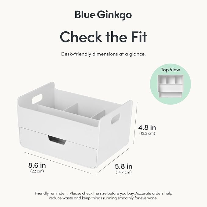 BLUE GINKGO Portable Desk Organizer – Compact 3 Compartment, Half-drawer Storage – Pen Holder, Stationery Desktop Organizer for Office, Makeup, Crafts (Made in Korea, White)