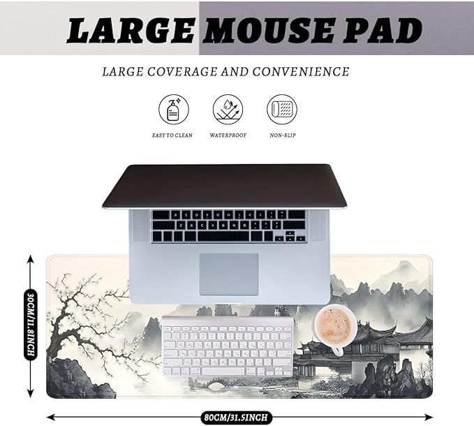 Japanese Ink Gaming Mouse Pad Black White Zen Mountain Landscape Large Gaming Mouse Mat with Stitched Edges,Non-Slip Waterproof Rubber Base Mous Mat 31.5"x11.8"
