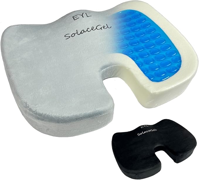 SolaceGel Enhanced Cooling Gel Cushion With Memory Foam Built In Handle – Lower Back Pain Relief – Improves Posture & Support – Multi Use – Office Chair, Car, Sporting Events, Gaming – Two Covers