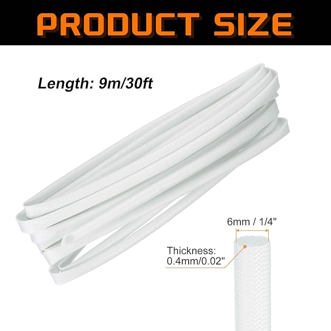 MECCANIXITY 30ft Braided Cable Sleeve, 1/4" ID 200C Heat Resistant 1500V Fiberglass Wire Insulation Cord Protector Organizer Wires Management for Motor Engine Fuel Line, White