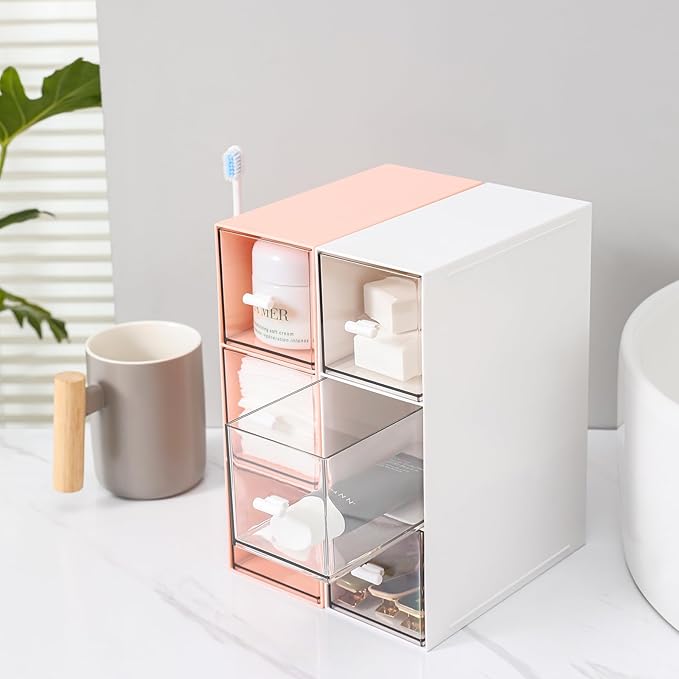 MILULUGO Plastic 3 Drawer Organizer for Cosmetic Storage, Desk Organizer, Makeup Organizer for nail polish, Lipstick, Brushes, Jewelry, Skincare, Bathroom Organization Boxes - Pink